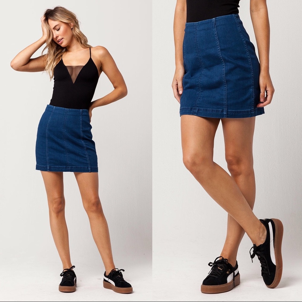 Free People • Modern Femme paneled denim skirt mini a-line high-waisted stretch